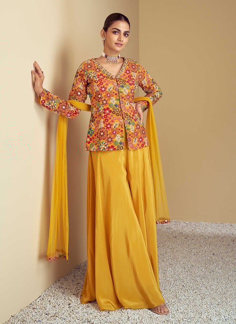 Gorgeous Mustard Chinon Digital Print Zari Work Sequins Palazzo Suit Festive Wear