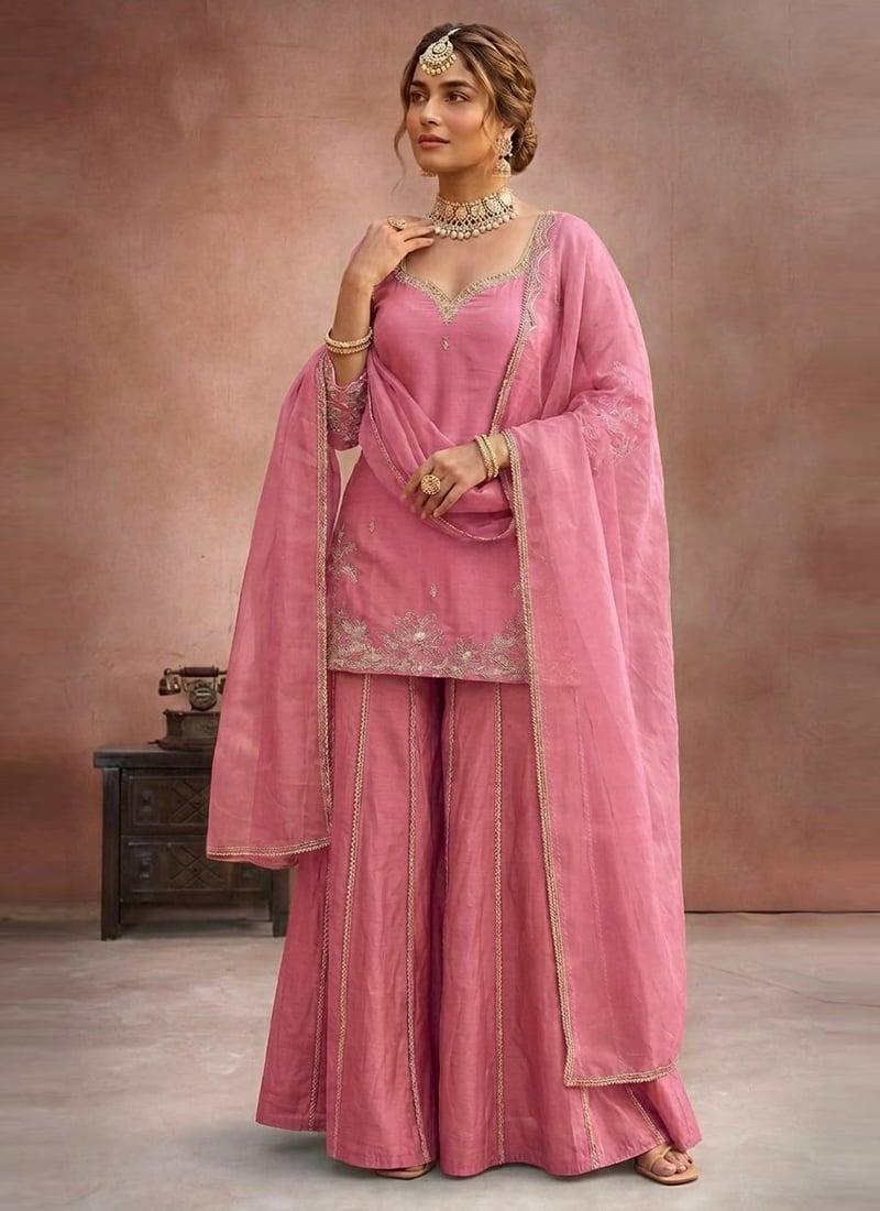Gorgeous Pink Art Silk Zari Sequins Palazzo Suit Festive Wear