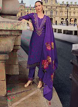 Gorgeous Purple Jacquard Viscose Pant Suit With Beautiful Hand Work And Digital Print