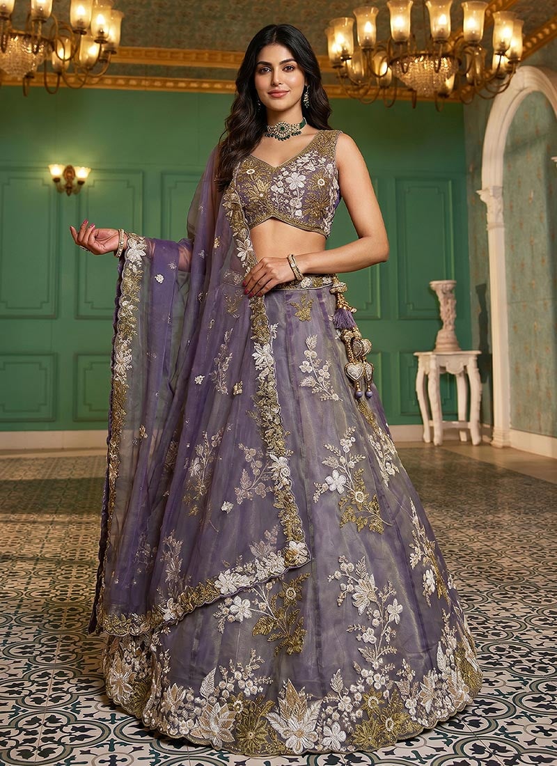 Gorgeous Purple Tissue Embroidered Umbrella Lehenga Wedding Wear