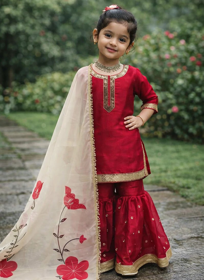 Gorgeous Red Fandy Silk Embroidery Sequence Work Kids Girls Sharara Suit