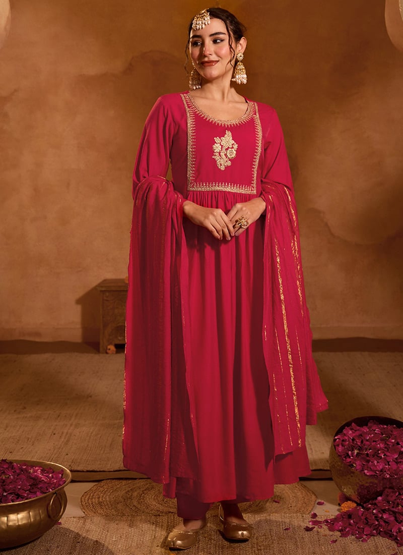 Gorgeous Red Viscose Silk Embroidered Straight Pant Suit After Six Wear