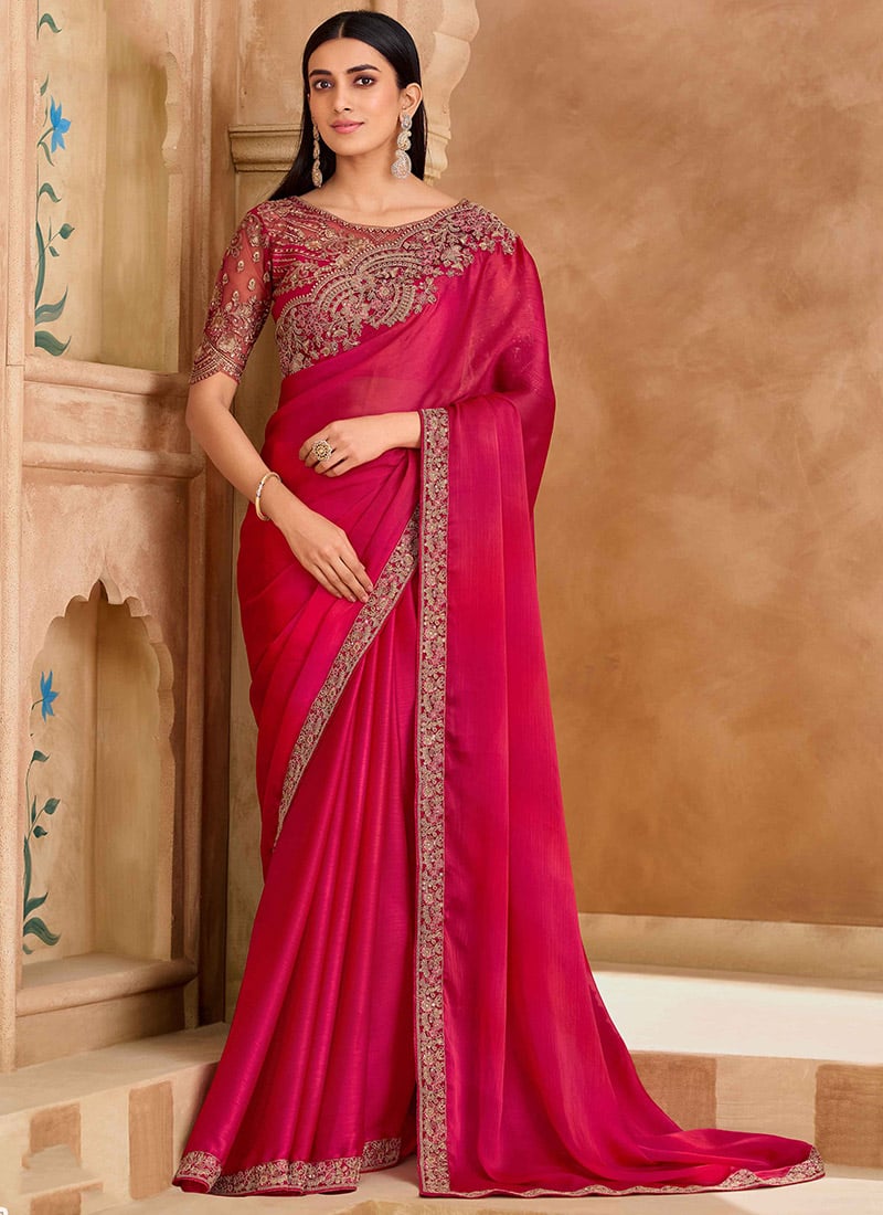 Gorgeous Rich Pink Chiffon Embroidered Sequins Zari Saree Wedding Wear