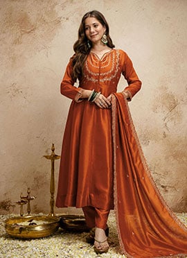 Gorgeous Rust Vichitra Silk Embroidered Straight Pant Suit