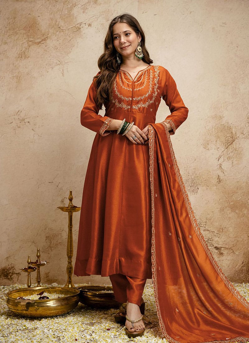 Gorgeous Rust Vichitra Silk Embroidered Straight Pant Suit After Six Wear