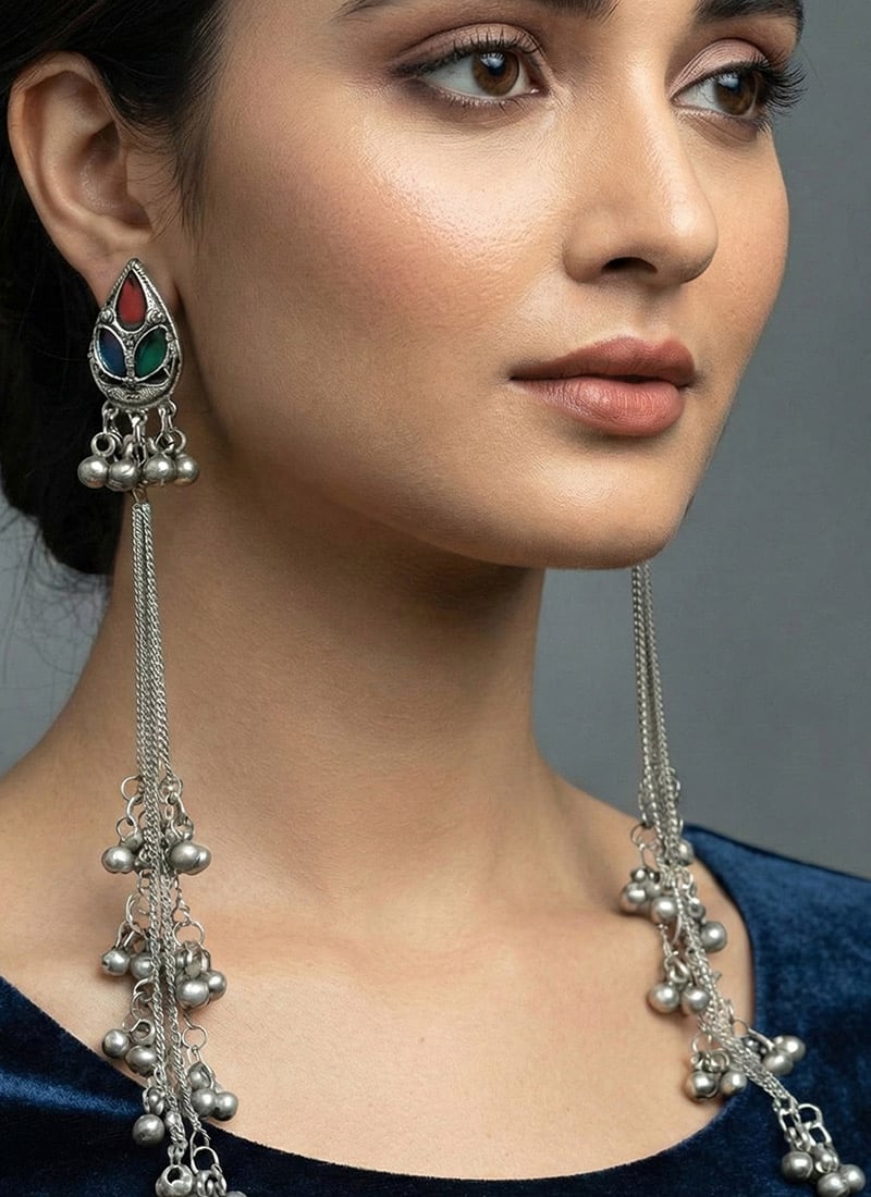 Gorgeous Silver Oxidised Kundan Danglers Festive Wear