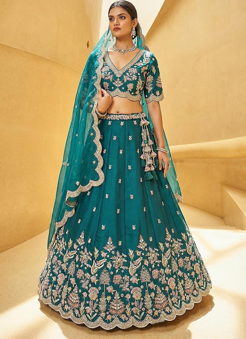 Gorgeous Teal Blue Tissue Embroidered Umbrella Lehenga Wedding Wear