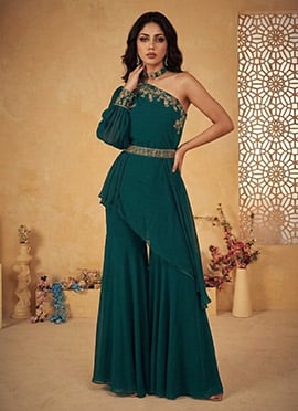 Gorgeous Teal Faux Georgette Zari Sequins Indo Western Set