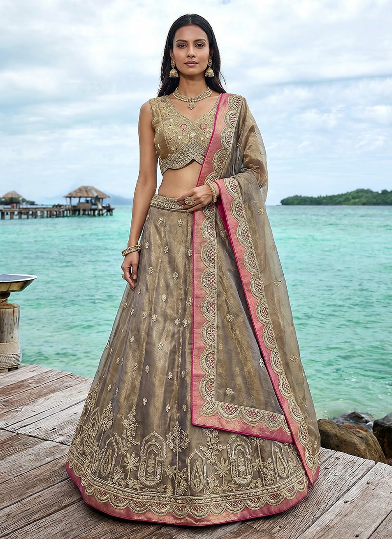 Gorgeous Teal Tissue Embroidered Umbrella Lehenga Wedding Wear