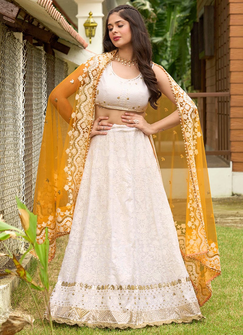 Gorgeous White Georgette Embroidered N Sequins Umbrella Lehenga Party Wear