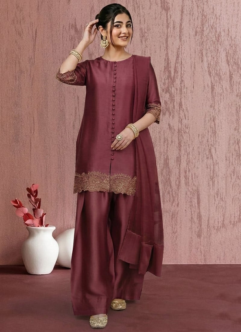 Gorgeous Wine Art Silk Zari Sequins Salwar Suit After Six Wear