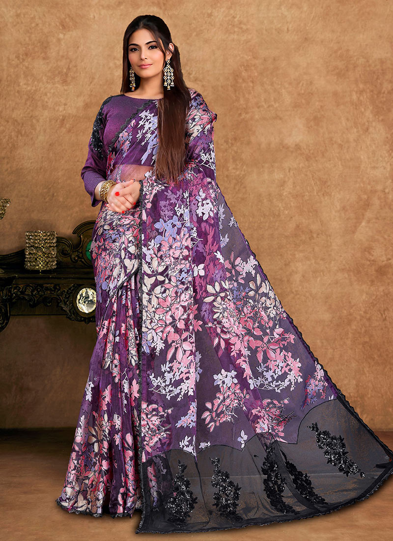 Gorgeous Wine Brasso Embroidered Stone Beads Sequins Zari Saree Wedding Wear