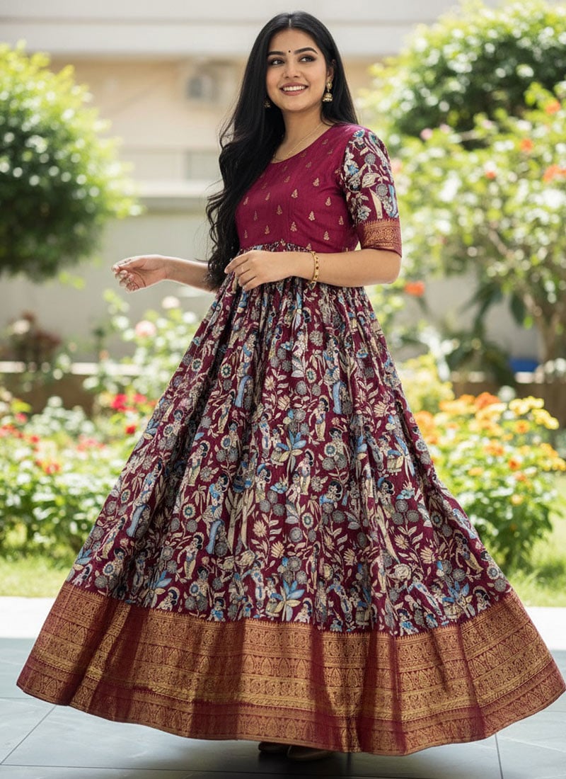 Gorgeous Wine Dola Silk Foil Kalamkari Print Dresses and Gown After Six Wear