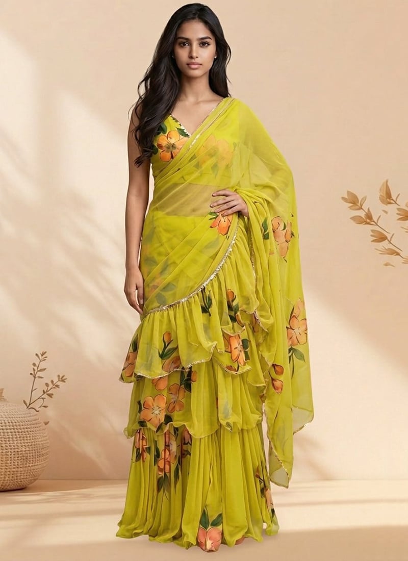 Gorgeous Yellow Faux Georgette Digital Print Saree Wedding Wear