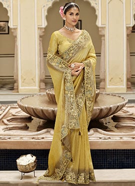 Gorgeous Yellow Soft Silk Zari Weaving Heavy Thread Embroidery Khatli Work Saree