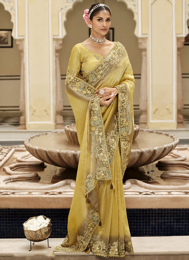 Gorgeous Yellow Soft Silk Zari Weaving Heavy Thread Embroidery Khatli Work Saree Wedding Wear