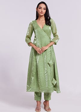 Gota Work Green Organza Chic Kurta Straight Pant Set