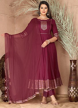 Gota Work Wine Rayon Anarkali Suit With Dupatta