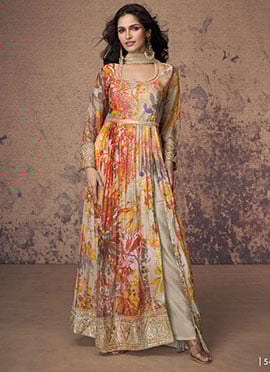 Grace Beige Georgette Printed Embroidered Sequins Anarkali Suit