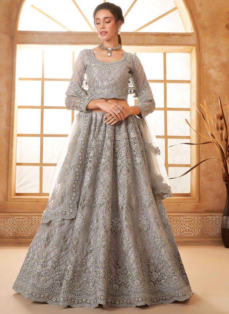 Grace Redefined In Grey Net Embroidered Stone Work Lehenga Wedding Wear