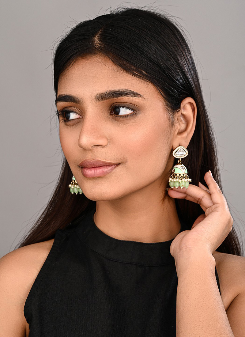 Graceful Aqua Green Meenakari Stone Pearl Jhumka Festive Wear