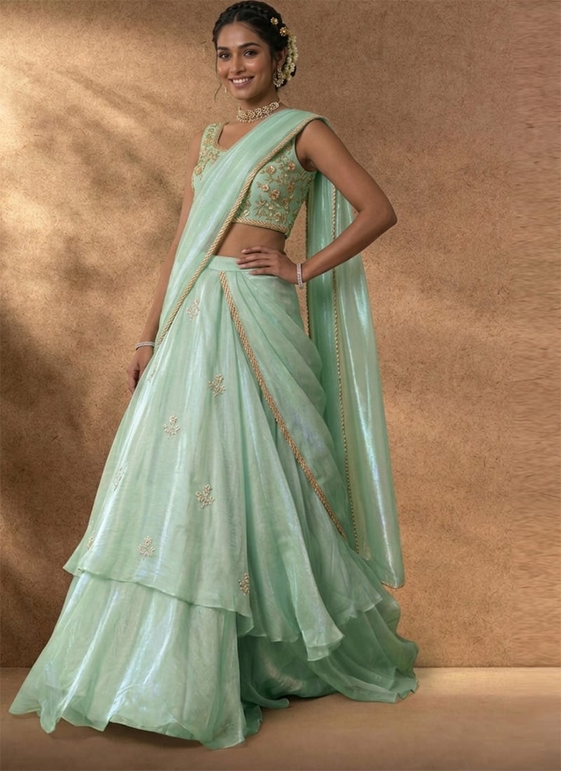 Graceful Aqua Green Organza Sequins Hand Embroidered Umbrella Lehenga Wedding Wear
