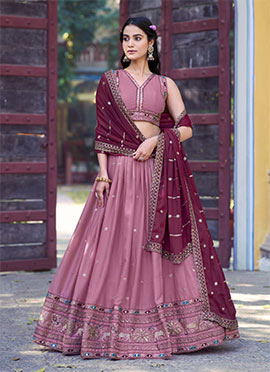Graceful Baby Pink Georgette Zari Sequins Resham Embroidered Umbrella Lehenga