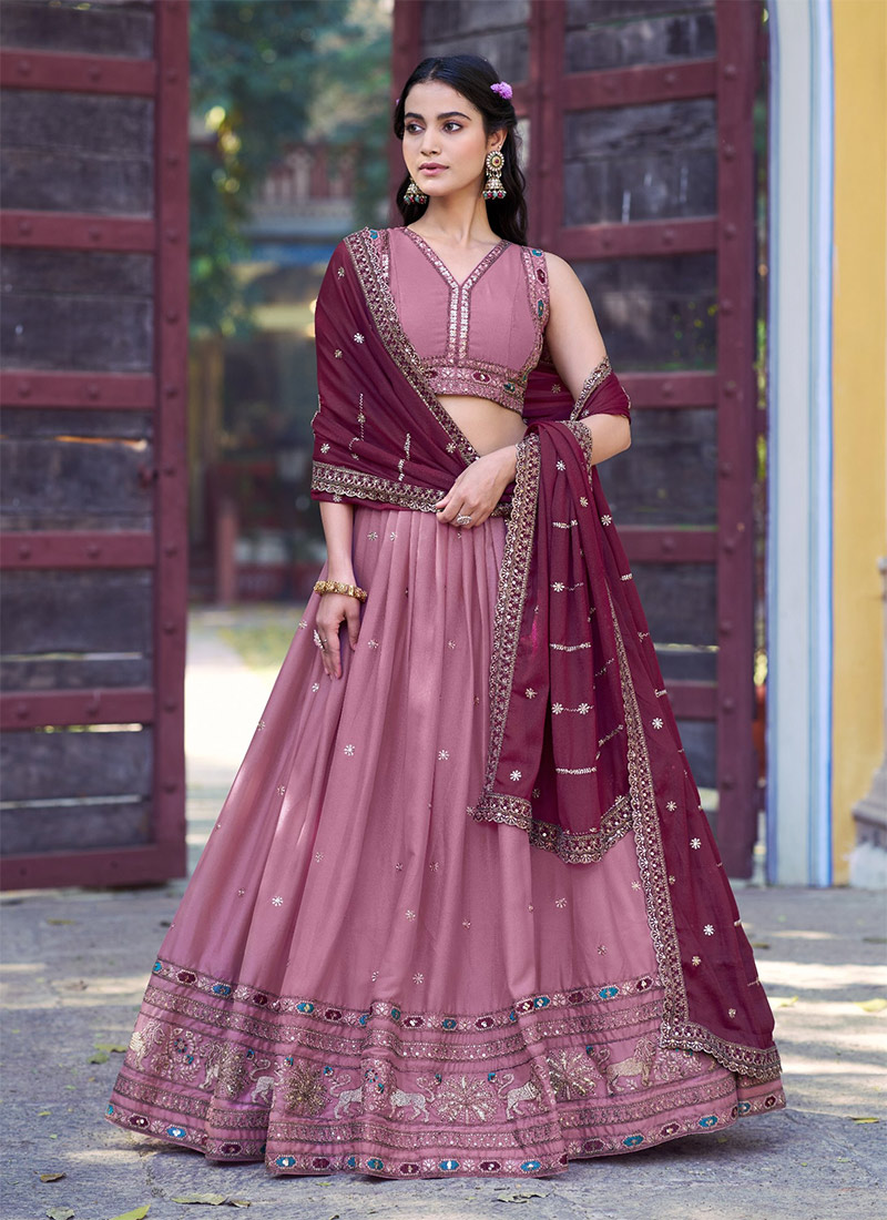 Graceful Baby Pink Georgette Zari Sequins Resham Embroidered Umbrella Lehenga Wedding Wear