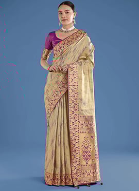 Graceful Beige Banarasi Tissue Silk Zari Paithani Woven Saree