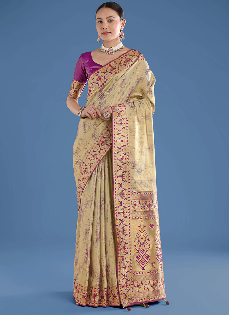 Graceful Beige Banarasi Tissue Silk Zari Paithani Woven Saree Festive Wear
