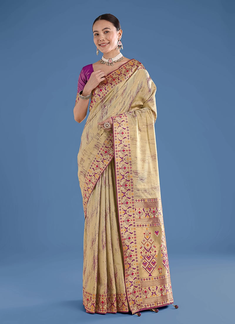 Graceful Beige Banarasi Tissue Silk Zari Woven Paithani Saree Festive Wear