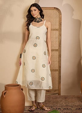Graceful Beige Khadi Silk Embroidered Thread Kurta Straight Pant Set