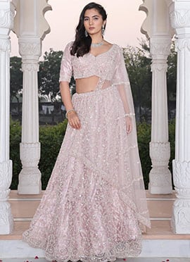 Graceful Beige Net Embroidery Beads Work Umbrella Lehenga