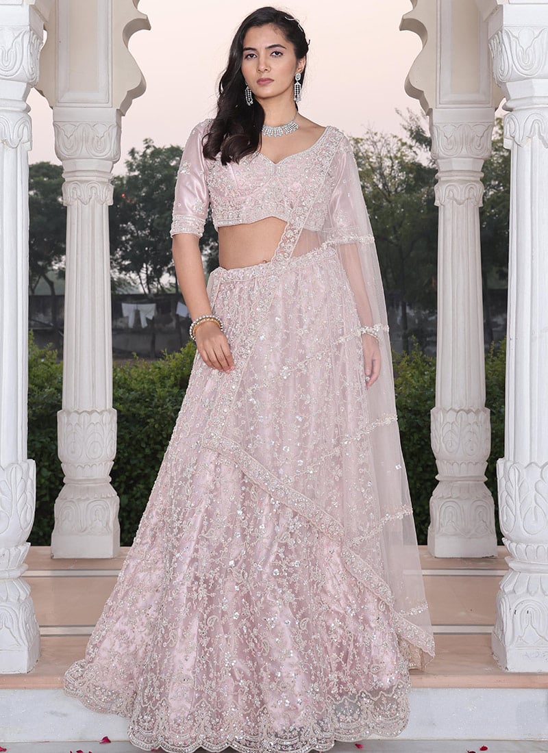 Graceful Beige Net Embroidery Beads Work Umbrella Lehenga After Six Wear