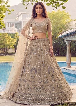Graceful Beige Net Fancy Zari Dori Sequence Thread Embroidery Work Umbrella Lehenga
