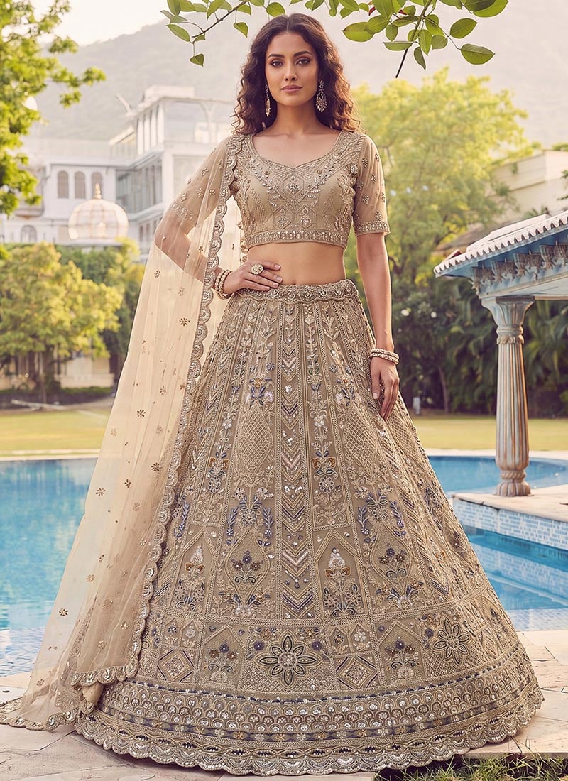 Graceful Beige Net Fancy Zari Dori Sequence Thread Embroidery Work Umbrella Lehenga Wedding Wear