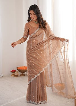 Graceful Beige Net Sequins Cutdana Work Saree