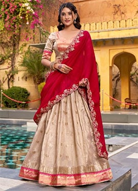 Graceful Beige Slub Kota Silk Zari Weaving Work With Paithani Border Fish Cut Lehenga
