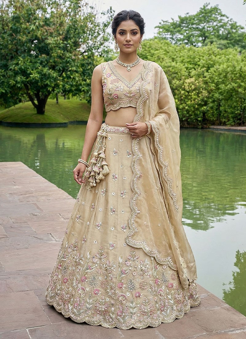 Graceful Beige Tissue Embroidered Umbrella Lehenga Wedding Wear