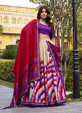 Graceful Beige Tussar Silk Tie And Dye Print A Line Lehenga