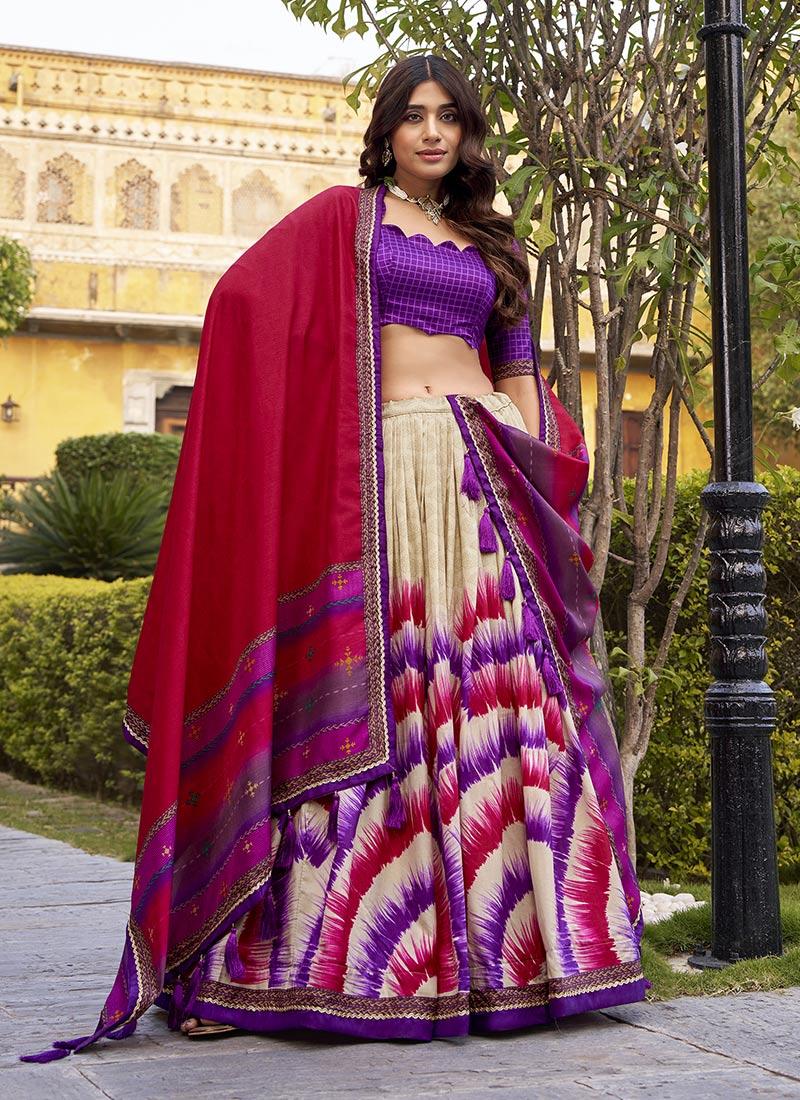 Graceful Beige Tussar Silk Tie And Dye Print A Line Lehenga Festive Wear