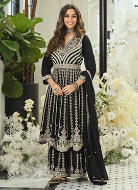 Graceful Black Chinon Embroidered Sequins Mirror Work Palazzo Suit