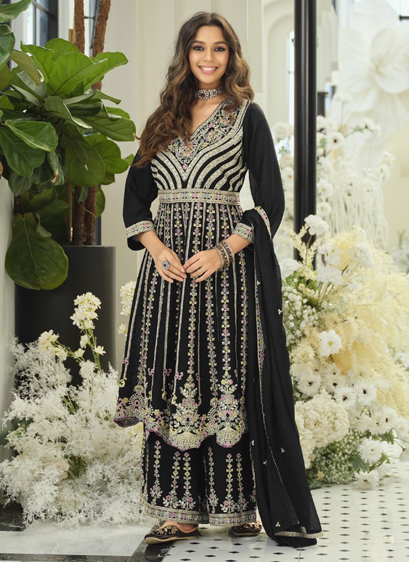 Graceful Black Chinon Embroidered Sequins Mirror Work Palazzo Suit Festive Wear