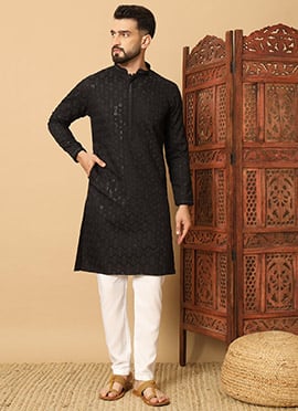 Graceful Black Cotton Blend Sequins Thread Kurta Pyjama