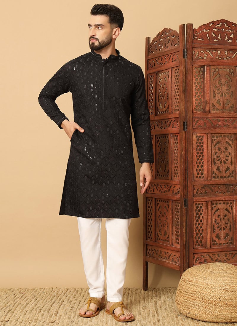 Graceful Black Cotton Blend Sequins Thread Kurta Pyjama Festive Wear