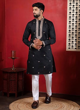 Graceful Black Cotton Embroidered Kurta Pyjama