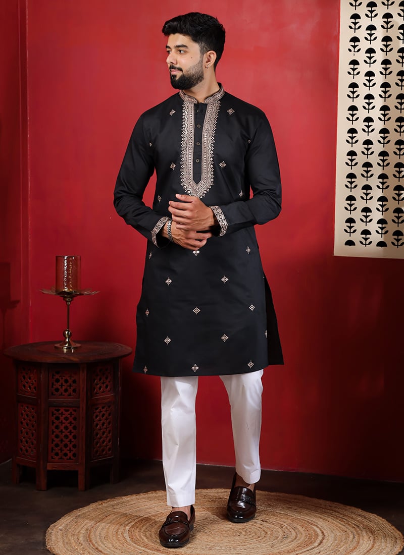 Graceful Black Cotton Embroidered Kurta Pyjama Festive Wear