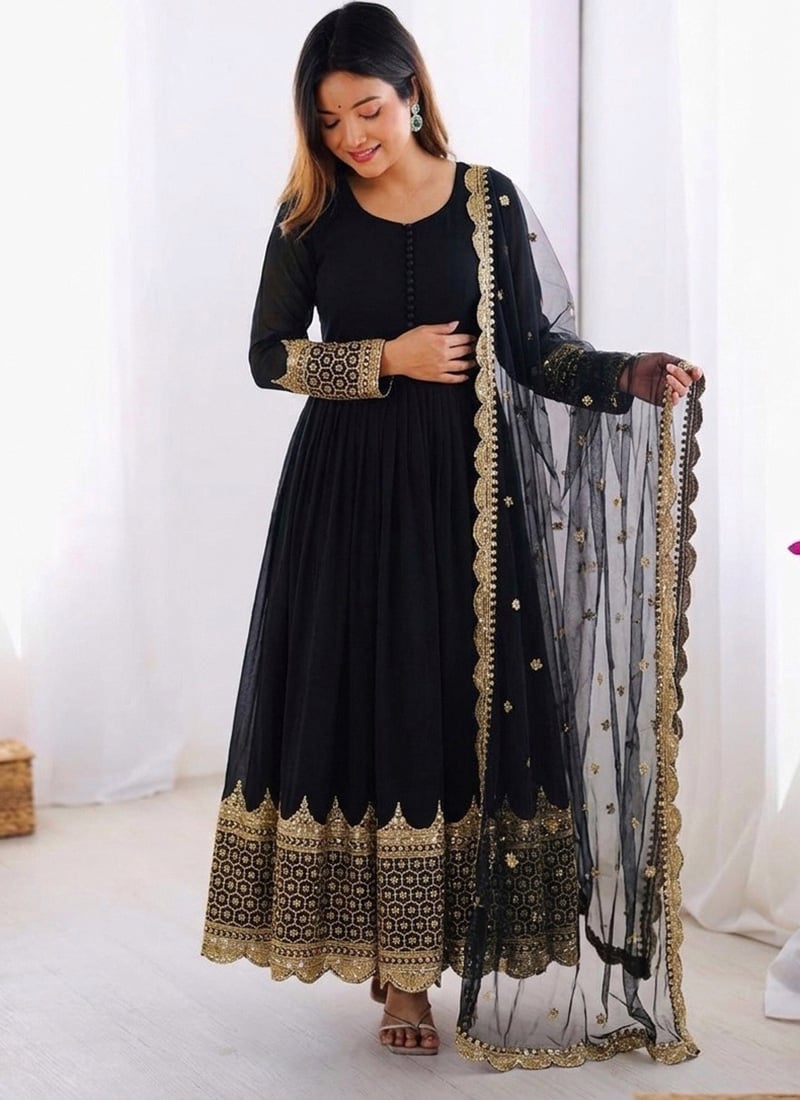 Graceful Black Faux Georgette Sequins Anarkali Suit Festive Wear