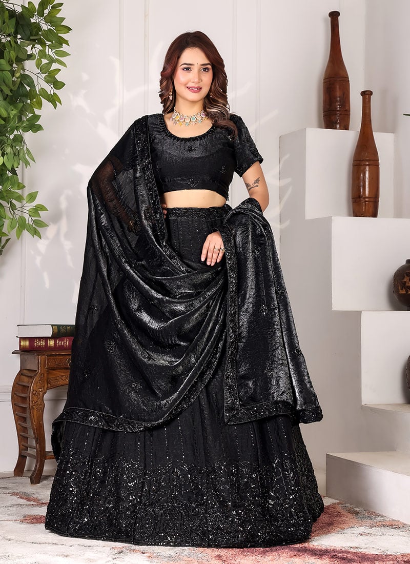 Graceful Black Fendy Silk Sequins Embroidered Cutdana Umbrella Lehenga Wedding Wear