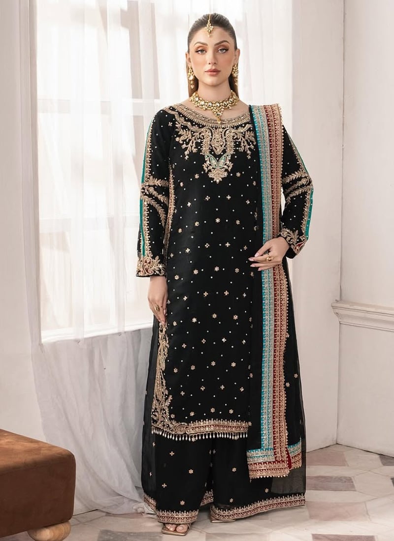 Graceful Black Georgette Embroidered Sequins Palazzo Suit After Six Wear